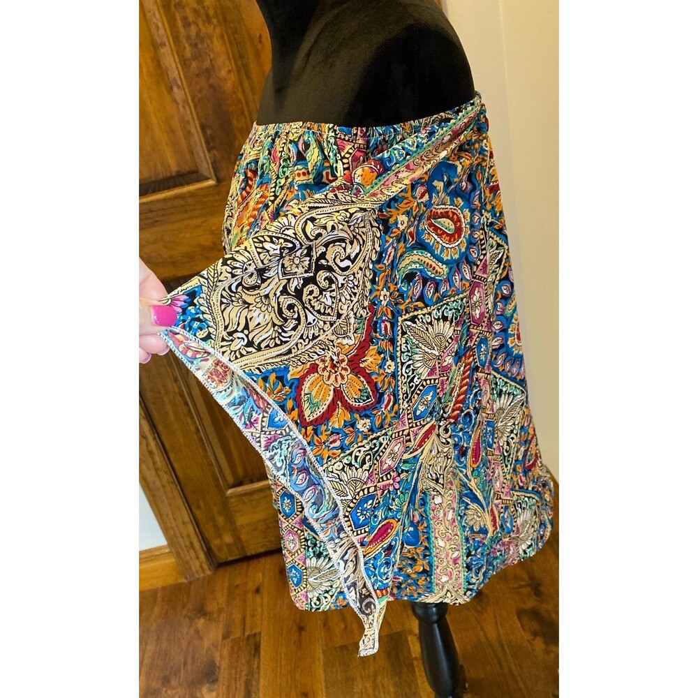 Paisley Blouse Size Large Off or On Shoulder Deep Blue Pink Elastic Neckline Top - Picture 6 of 11